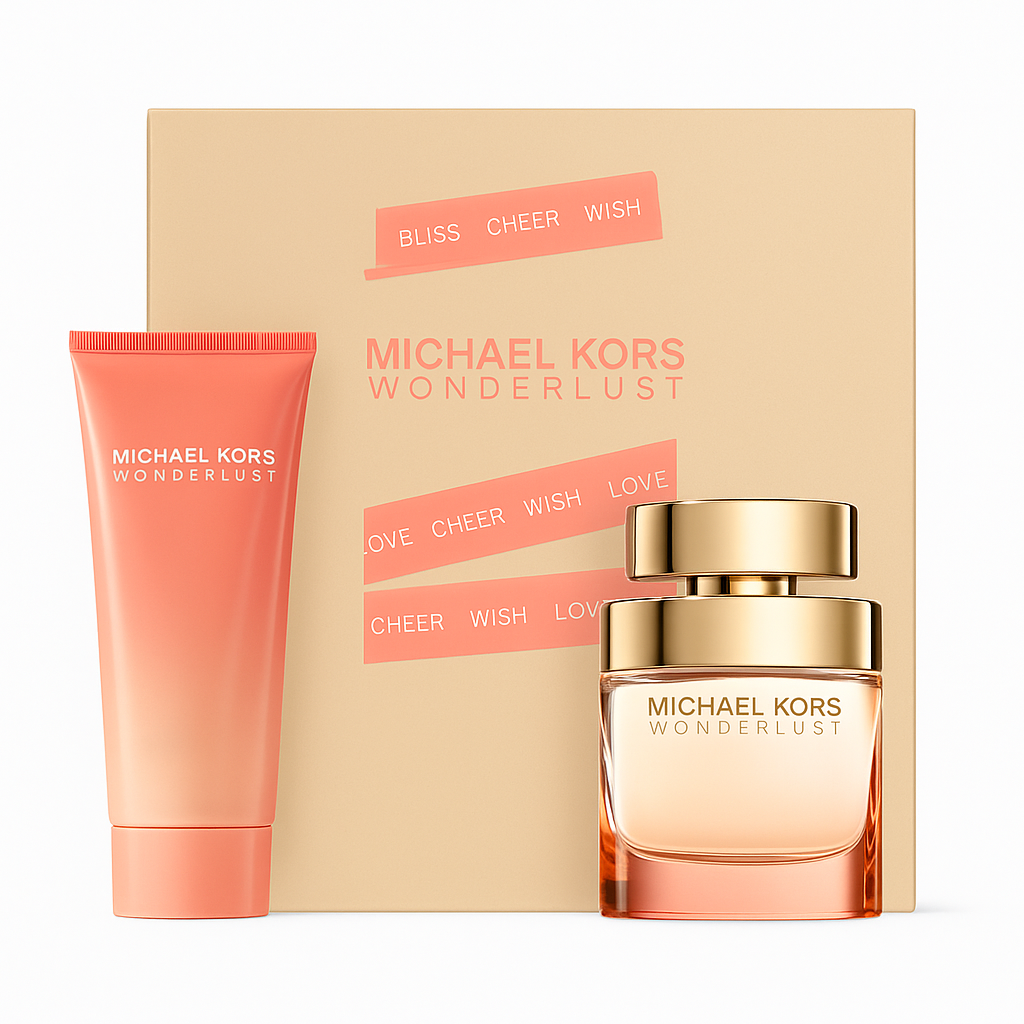 Michael Kors Wonderlust Karton im Hintergrund. Auf der linken Seite vor dem Karton steht das Duschgel und auf der rechten eite steht das Flakon dazu. Der Hintergrund ist weiß.