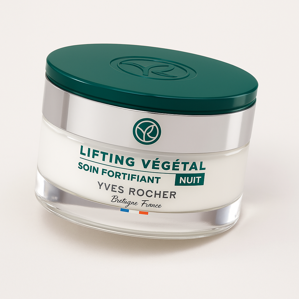 Eine Glasdose der Yves Rocher Lifting Végétal Nuit Soin Fortifiant liegt leicht nach rechts gekippt auf einem neutralen Hintergrund. Der Deckel ist smaragdgrün mit Yves Rocher Logo, der Ring silbern glänzend, und die grüne Aufschrift ist klar sichtbar. Ein sanfter Schatten verleiht Tiefe.