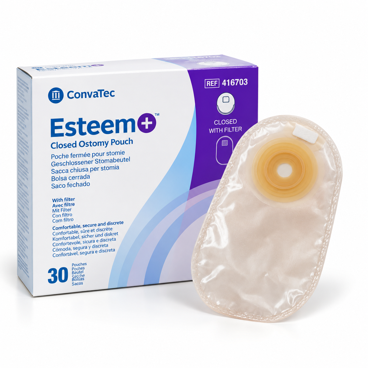 ConvaTec Esteem+ geschlossener Stomabeutel 416703, vorgestanzt 25 mm, transparent, mit Filter, 30 Stück – Neu