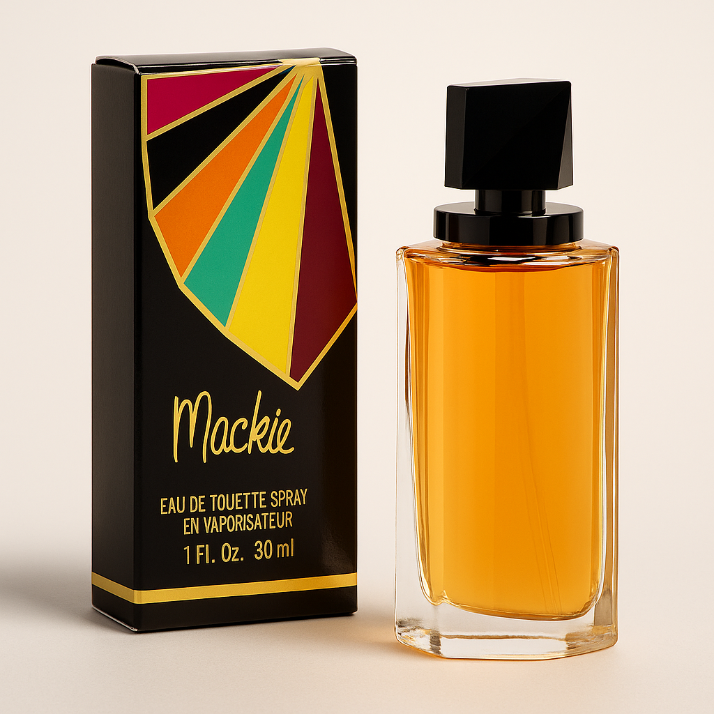 Bob Mackie Verpackung steht rechts und das Flakon dazu links, auf weißem Hintergrund.