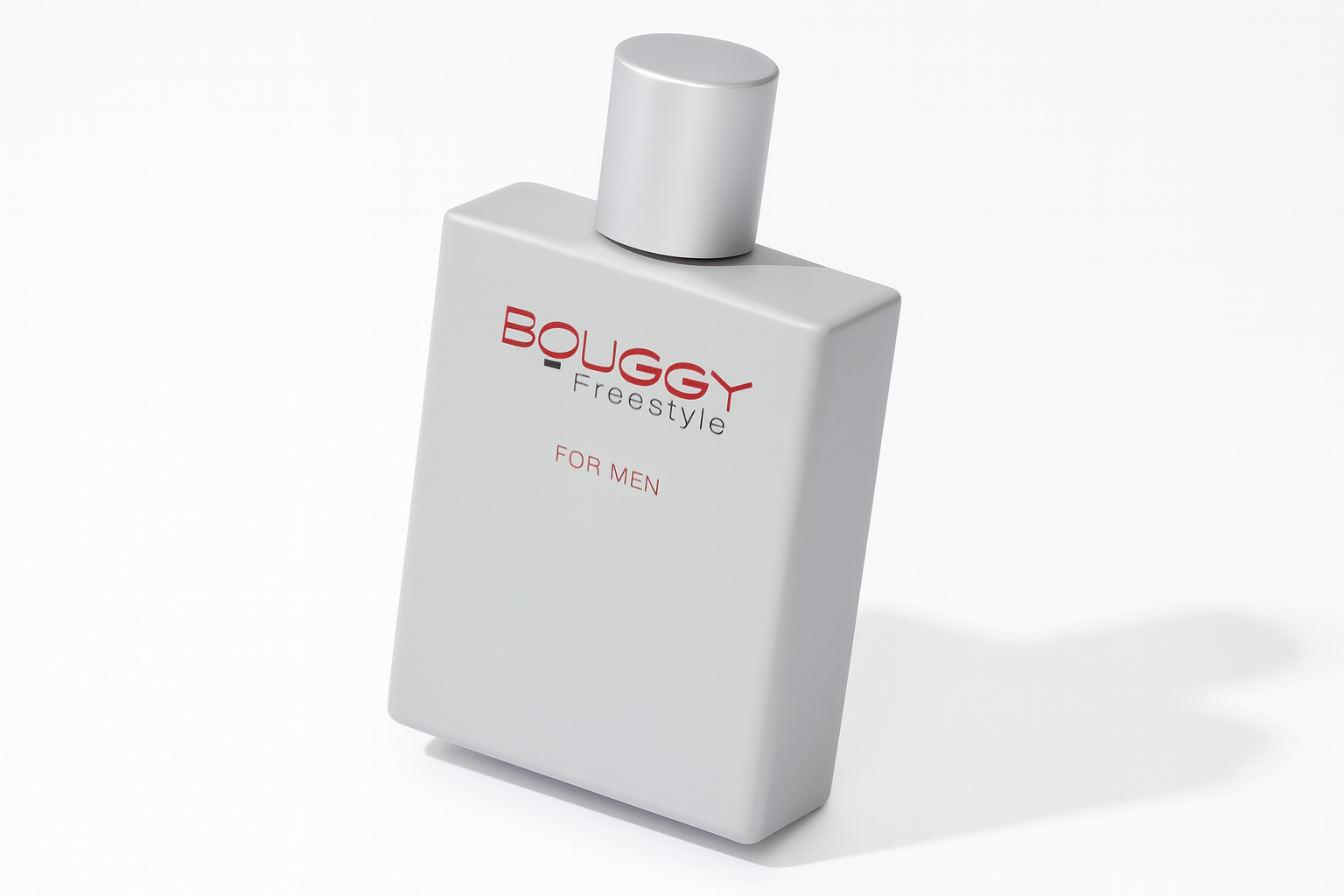 Ein mattgraues, rechteckiges Parfümflakon von Bouggy Freestyle For Men, leicht nach hinten gekippt, mit roter und schwarzer Aufschrift, silbernem Deckel und weichem Schatten, vor neutralem Hintergrund.