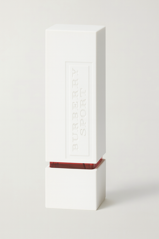 Schräg fotografiertes, rechteckiges Parfumflakon von Burberry Sport mit weißer Hülle und geprägtem Logo, roter Glasunterseite und neutralem Hintergrund.