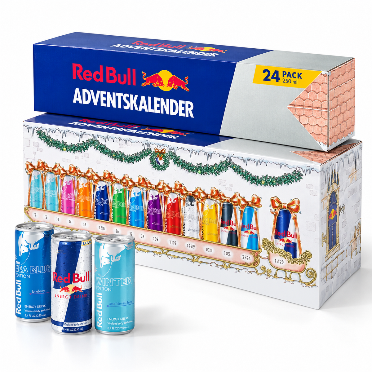 Red Bull Adventskalender 2025 – 24 x 250 ml Dosen, verschiedene Sorten + JUNG Cosmo Spray 200 ml