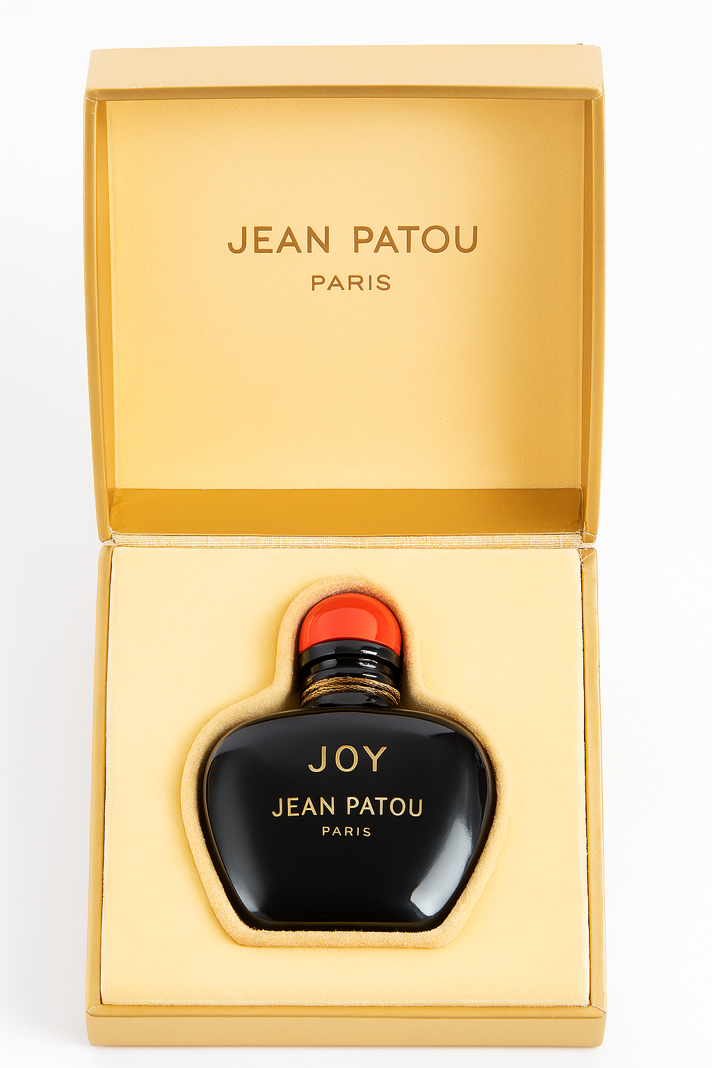 Jean Patou JOY Parfum Extrait 7,5 ml in goldfarbener Geschenkbox, schwarzer Flakon mit rotem Verschluss und goldener Aufschrift