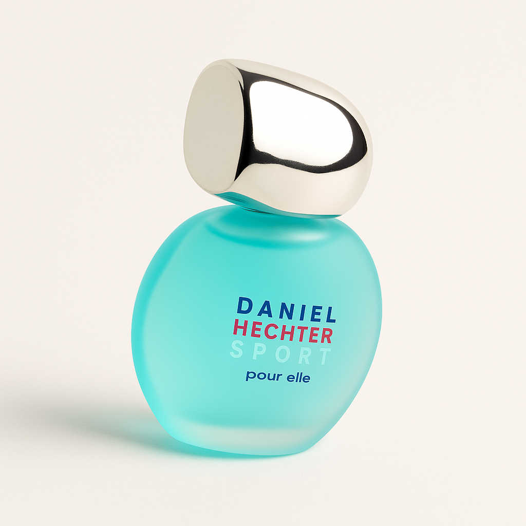 Ein rundes türkisblaues Parfumflakon von „Daniel Hechter Sport pour elle“ ist leicht nach hinten gekippt und zur Seite gedreht, wodurch Tiefe und Perspektive entstehen. Der silberne, glänzende Deckel sitzt schräg auf dem Flakon, der auf einem hellen, neutralen Hintergrund mit weichem Schatten steht. Die bunte Aufschrift ist weiterhin gut lesbar.