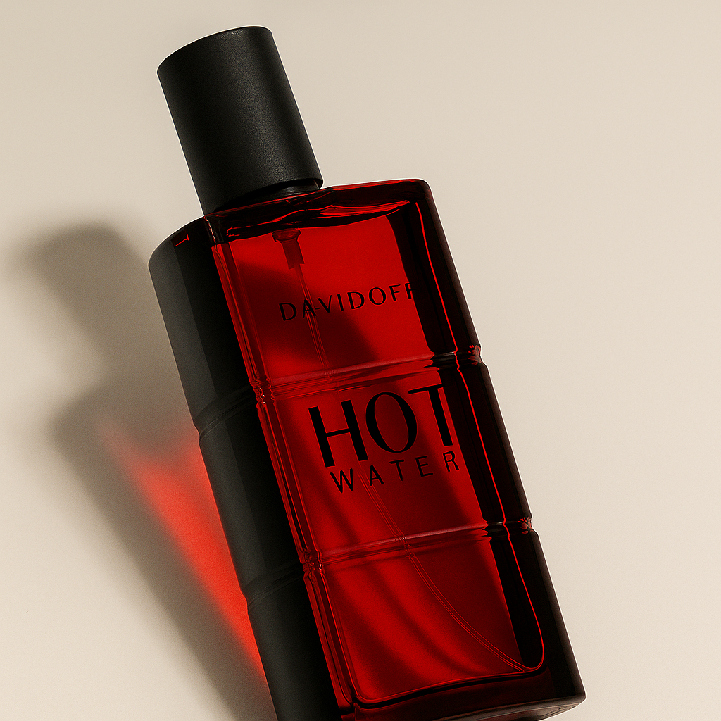 Ein schräg nach hinten geneigtes, rechteckiges, rotes Parfumflakon mit schwarzem Deckel, auf dem in schwarzer Schrift „Davidoff Hot Water“ steht. Das Flakon steht auf einem neutralen beigen Hintergrund und wirft einen weichen, natürlichen Schatten.