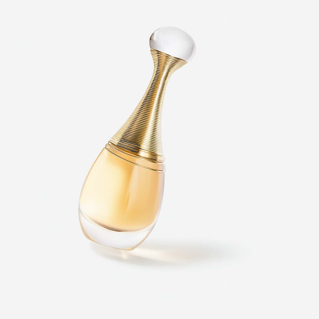 Dior J'adore Flakon auf weißem Hintergrund.