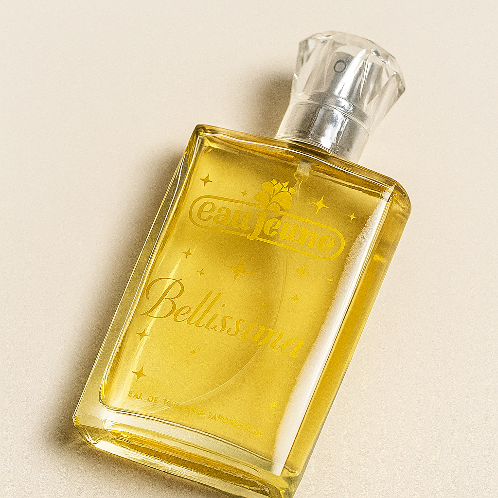 Ein rechteckiger, nach hinten geneigter Flakon des Parfums "Eau Jeune Bellissima" mit goldgelber Flüssigkeit und einem facettierten, transparenten Verschluss. Die Aufschrift ist deutlich sichtbar, der Hintergrund ist neutral, und ein weicher Schatten verleiht dem Bild Tiefe.