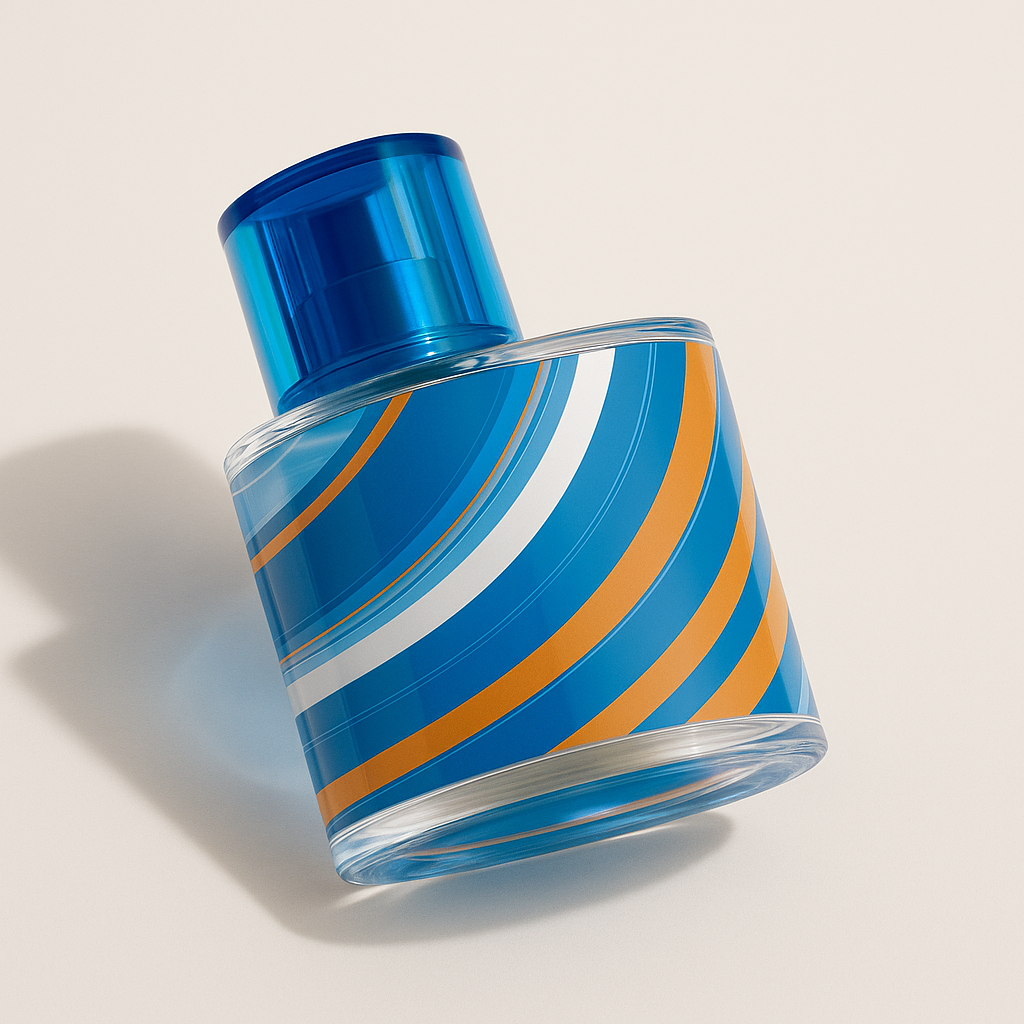 Ein leicht nach hinten geneigtes, zylindrisches Parfumflakon mit transparent-blauem Deckel und einem Design aus geschwungenen blauen, weißen und orangefarbenen Streifen vor neutralem Hintergrund, mit weichem Schatten.
