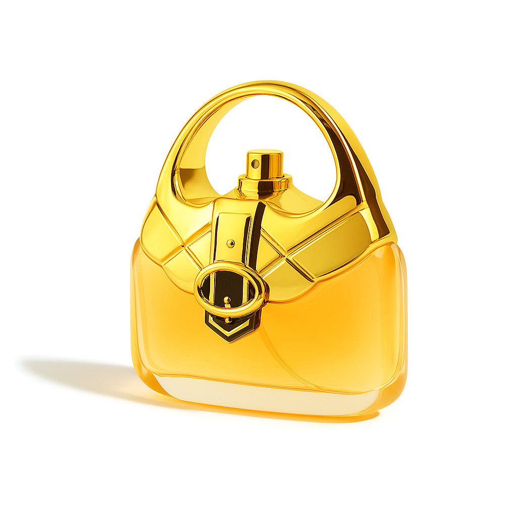 Eine digitale Fotografie zeigt ein goldfarbenes Parfümflakon in Form einer eleganten Handtasche mit abgerundeten Kanten und einem dekorativen Verschluss. Das Flakon steht leicht zur Seite geneigt auf einer weißen Fläche und wirft einen sanften, natürlichen Schatten.