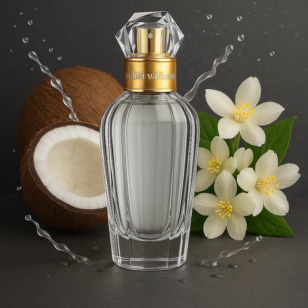 Judith Williams You Flakon mit Wasserspritzern, Kokosnüssen und weißen Blüten im Hintergrund.