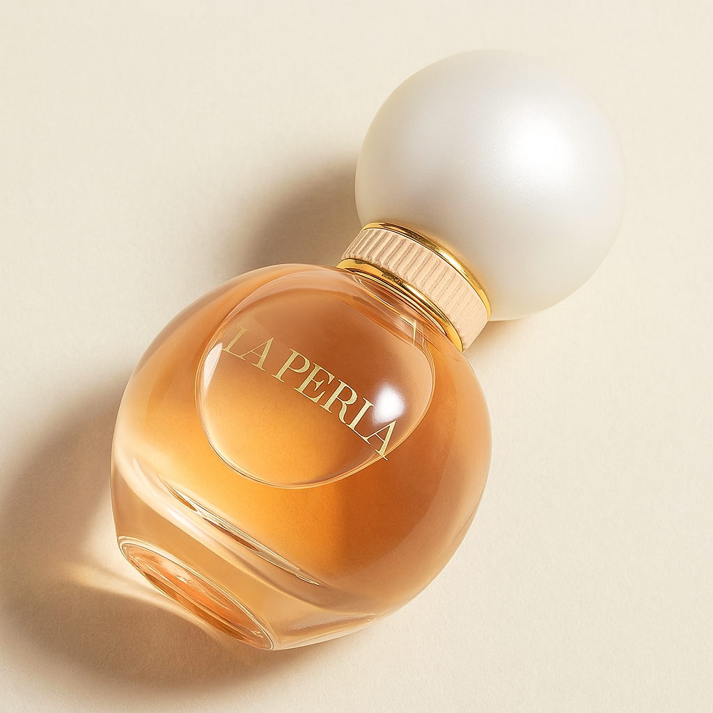 Ein rundes Parfumflakon liegt sanft zur Seite geneigt auf einem neutralen, hellen Untergrund. Das Glas ist roséfarben gefüllt, mit der goldenen Aufschrift „LA PERLA“. Der kugelförmige, perlweiße Verschluss sitzt auf einem goldfarbenen Hals. Ein weicher Schatten fällt nach links unten.