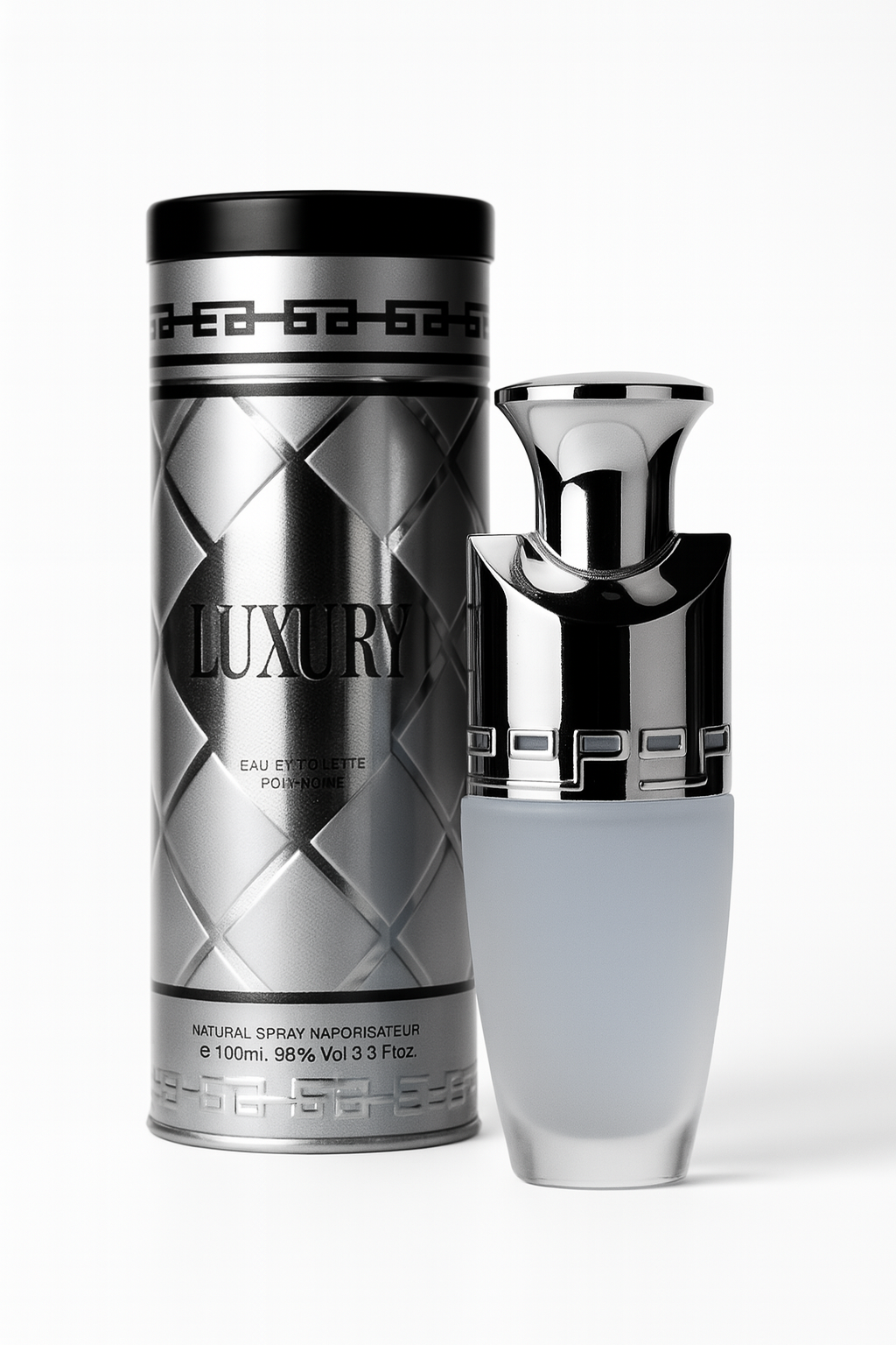 Luxury for men Flakon und Verpackung nebeneinander auf weißem Hintergrund