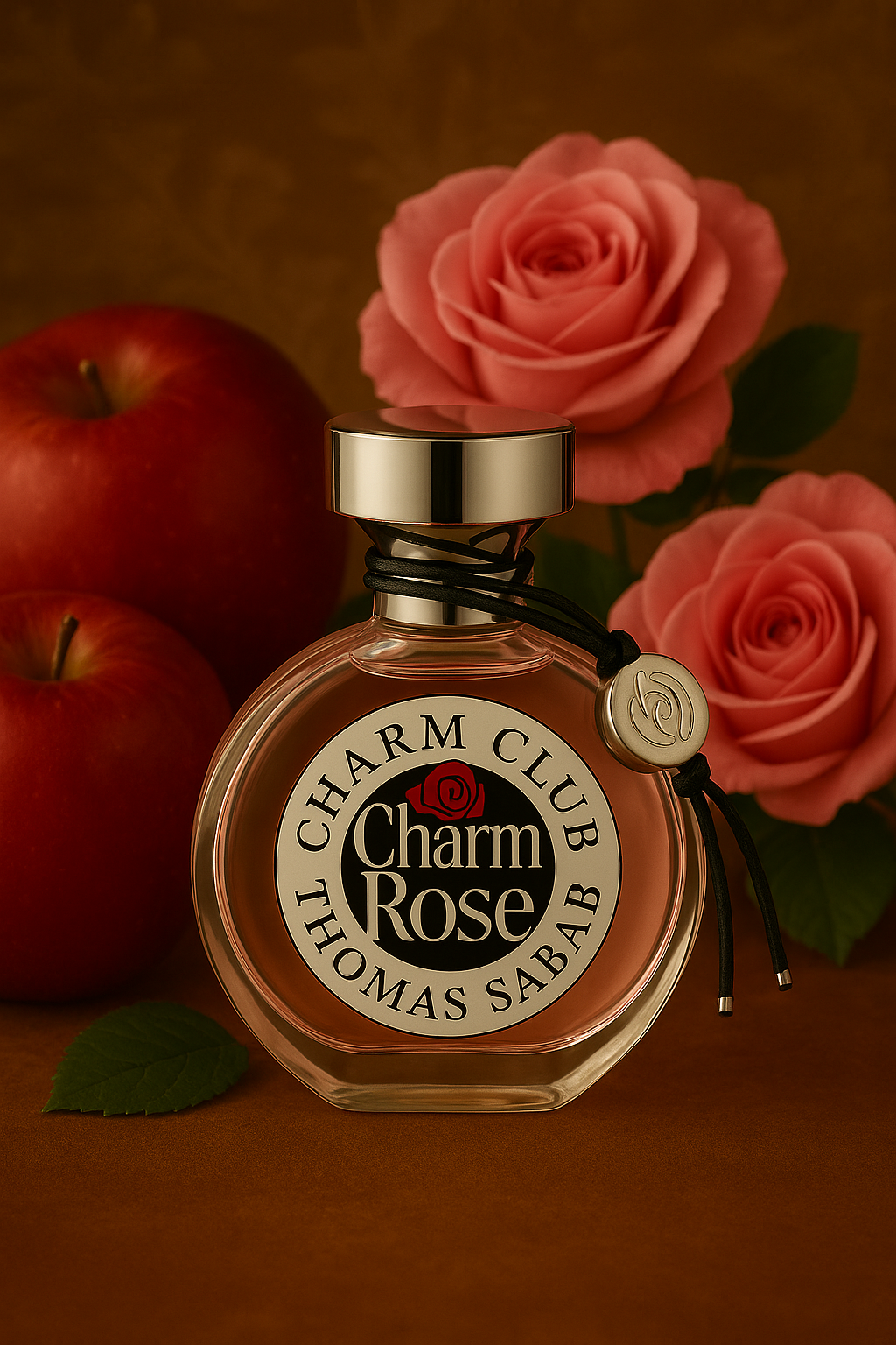 Thomas Sabo Charm Rose 30ml Flakon umgeben von osen und roten Äpfeln.