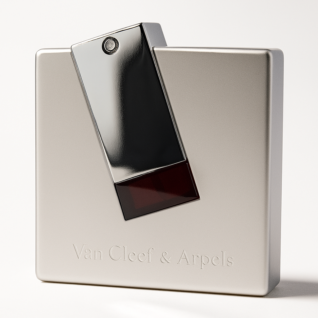 Ein stilvoll gestaltetes Parfümflakon von Van Cleef & Arpels Zanzibar steht leicht zur Seite geneigt auf neutralem, hellem Hintergrund. Der elegante silberne Flakon mit burgunderfarbenem Detail und spiegelnder Kappe wirft einen weichen Schatten.