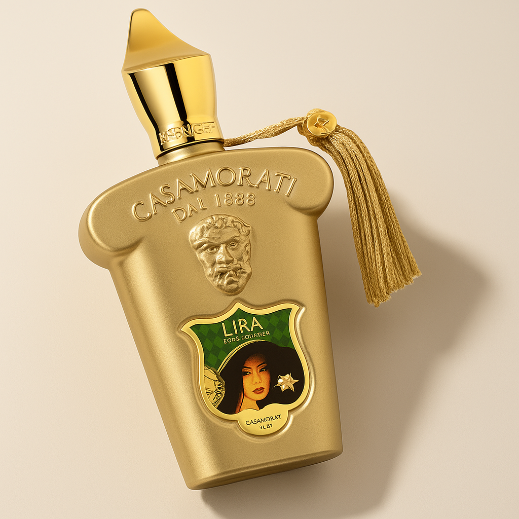 Ein seitlich gekipptes, goldenes Parfumflakon der Marke Casamorati „Lira“ mit geprägtem Gesichtsmotiv, goldener Kappe, Quaste und einer Etikettenillustration einer Frau im Art-déco-Stil, vor neutralem beigem Hintergrund mit sanftem Schatten.