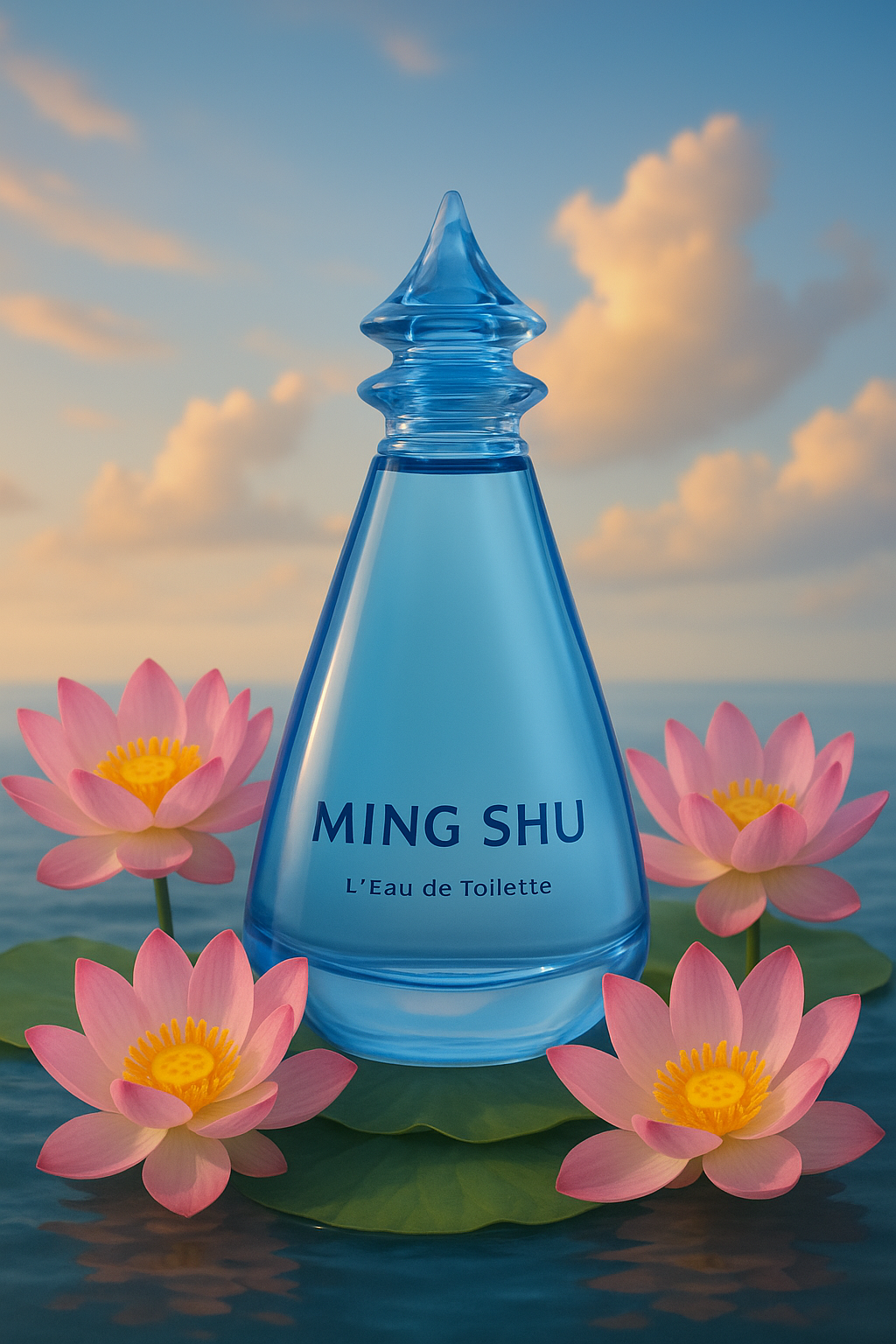 Yves Rocher Ming Shu Flakon auf einem Lotusblatt, umgeben von Lotusblüten und einen leicht bewölkten Himmer im Hintergrund.