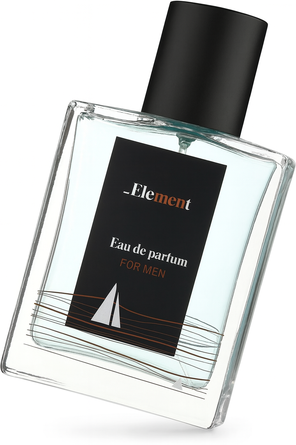 Ein rechteckiger Parfumflakon aus klarem Glas, leicht nach links geneigt. Der Flakon enthält eine hellblaue Flüssigkeit und hat einen schwarzen Deckel. Auf der Vorderseite befindet sich ein schwarzes Etikett mit der Aufschrift „_Element Eau de parfum FOR MEN“ sowie ein stilisiertes Segelboot in Weiß und Braun.
