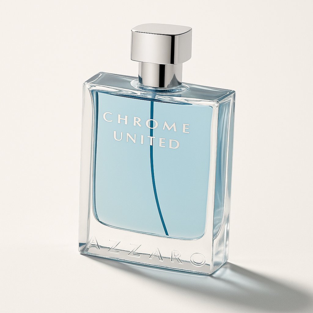 Ein rechteckiger Glasflakon des Azzaro Chrome United Eau de Toilette, mit hellblauer Flüssigkeit, silbernem Verschluss und klarer Aufschrift „CHROME UNITED“ auf der Vorderseite. Das Flakon ist leicht seitlich gekippt und wirft einen weichen Schatten auf einen neutralen Hintergrund.