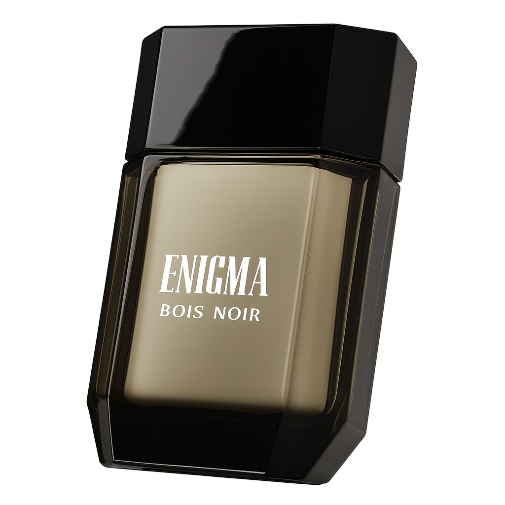 Flakon des Parfums Enigma Bois Noir, leicht nach links geneigt. Rechteckiges Glas mit dunklem Farbverlauf von Schwarz zu Rauchgrau und schwarzem glänzenden Verschluss. Weiße Aufschrift auf der Vorderseite.

