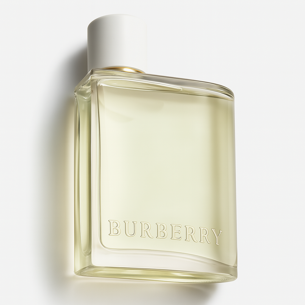 Ein schräg nach hinten gekipptes Burberry-Parfumflakon mit weißem Verschluss und goldfarbenem Hals, gefüllt mit einem hellgrünen Duft. Das transparente Glas zeigt den eingeprägten Markennamen „BURBERRY“. Der Hintergrund ist neutral weiß, mit einem weichen Schatten rechts des Flakons.