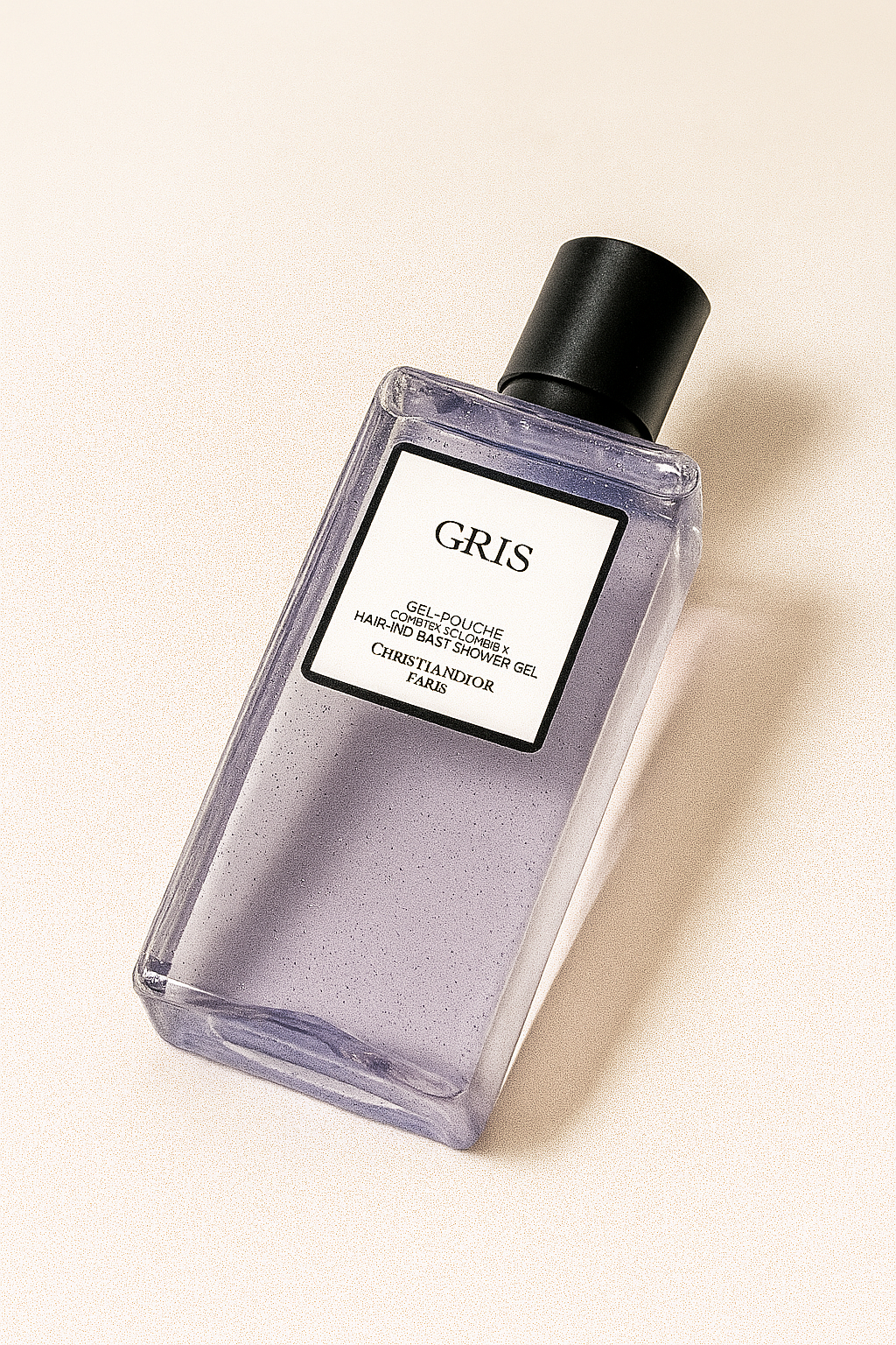 Eine schräg positionierte, transparente rechteckige Flasche mit schwarzem Deckel und lavendelfarbenem Duschgel mit feinen Glitzerpartikeln. Die Aufschrift „GRIS – Hair and Body Shower Gel – Christian Dior Paris“ ist klar lesbar. Der Hintergrund ist neutral und hell, ein weicher Schatten wird auf die Oberfläche geworfen.