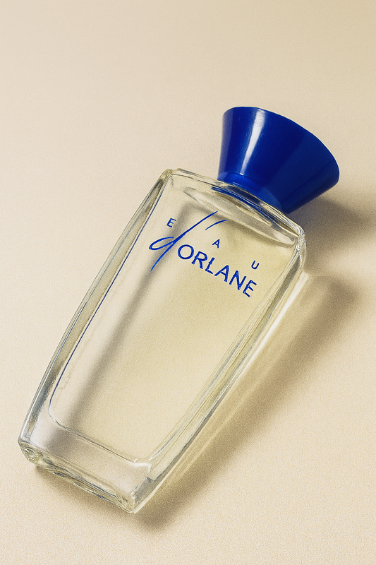 Ein nach hinten geneigtes, transparentes Parfumflakon mit kobaltblauem Deckel und der Aufschrift "Eau d'Orlane" in blauer Schrift. Das Flakon steht auf einem neutralen, leicht texturierten Hintergrund und wirft einen weichen, natürlichen Schatten.