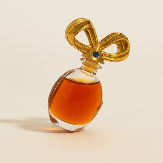 Ein eleganter, ovaler Parfumflakon mit bernsteinfarbener Flüssigkeit steht schräg nach hinten gekippt auf hellem, neutralem Hintergrund. Der goldene Deckel in Schleifenform mit einem blauen Schmuckstein wirft einen weichen Schatten.