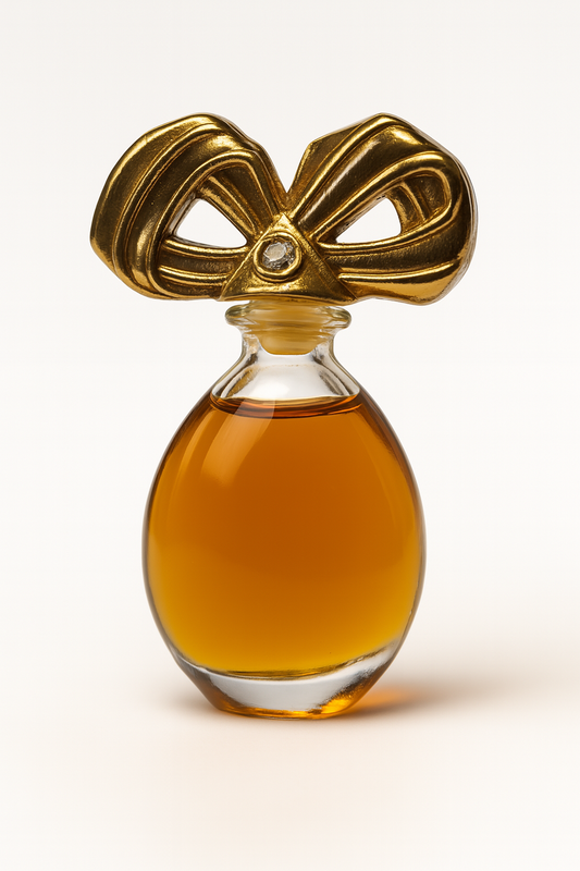 Ein elegantes, vintage-inspiriertes Parfumflakon mit einer goldenen, kunstvoll geformten Schleifen-Kappe und bernsteinfarbenem Inhalt steht auf einem neutralen Untergrund und wirft einen sanften Schatten.