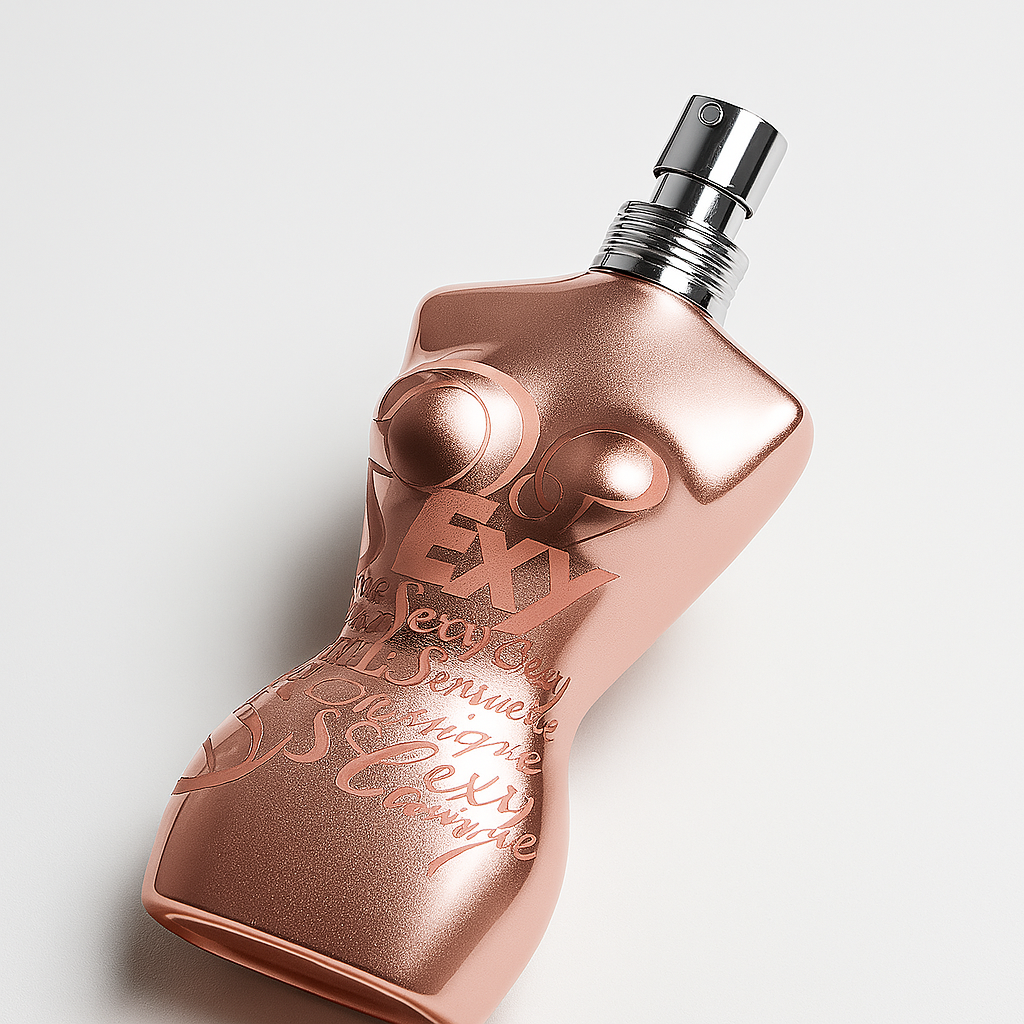 Ein roségoldenes Parfumflakon in Form eines weiblichen Torsos liegt leicht zur Seite geneigt auf einem neutralen weißen Hintergrund. Die Prägung zeigt Wörter wie „Sexy“ und „Sensuelle“, der Zerstäuber ist silbern, und ein weicher Schatten verleiht Tiefe und Barrierefreiheit.