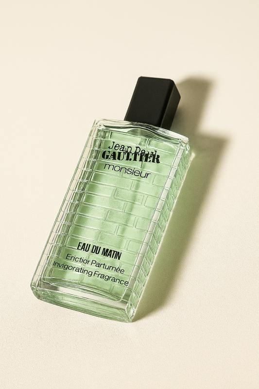 Ein stilvolles Parfumflakon von Jean Paul Gaultier „Monsieur Eau du Matin“ liegt leicht nach hinten geneigt auf einem neutralen, beigen Hintergrund. Die Flasche ist rechteckig, aus transparentem Glas mit einem zarten grünen Duftinhalt und einem schwarzen Verschluss. Die Vorderseite mit Markenaufdruck ist gut lesbar. Ein weicher Schatten fällt natürlich nach hinten rechts.