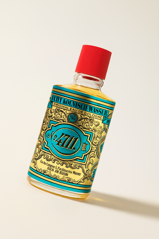 Ein leicht zur Seite geneigtes Flakon des 4711 Original Eau de Cologne mit rotem Schraubverschluss. Die Vorderseite zeigt das markante türkis-goldene Etikett mit geschwungenen Ornamenten und der Aufschrift „No. 4711“. Das Flakon steht auf einem neutralen hellen Hintergrund und wirft einen weichen Schatten.