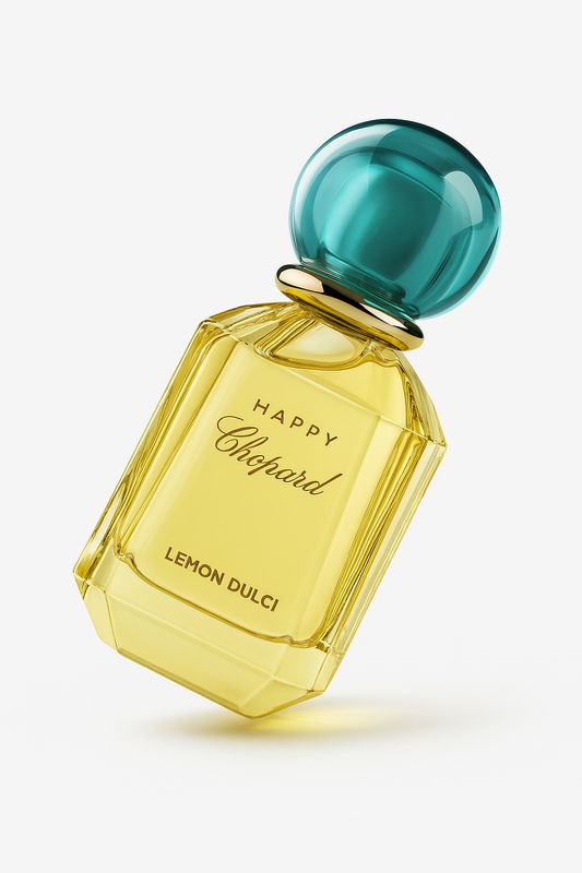 Happy Chopard Lemon Dulci Flakon, leicht gekippt, auf weißem Hintergrund.