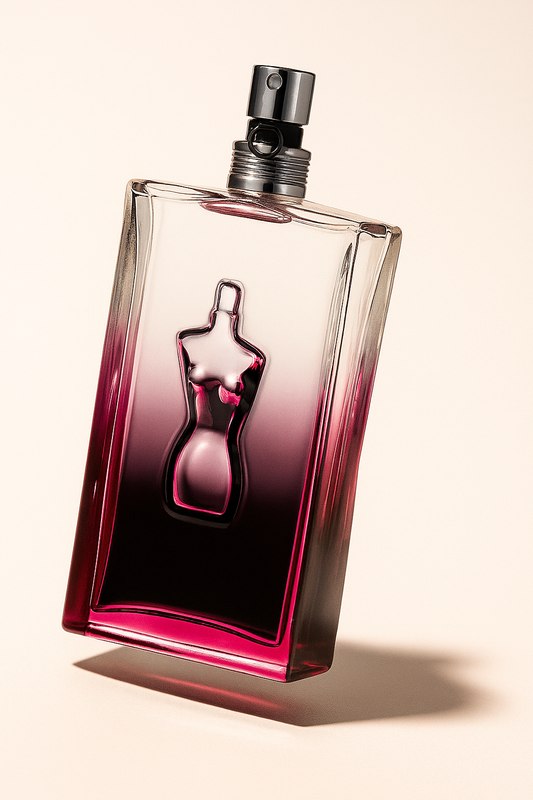 Ein schräg stehender, rechteckiger Parfümflakon von Jean Paul Gaultier, mit einem stilisierten Frauenkörper in Reliefoptik in der Mitte. Der Flakon verläuft farblich von klarem Glas zu einem dunklen Magenta und wirft einen weichen, natürlichen Schatten auf einem neutralen Hintergrund.