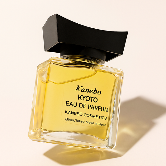Eine Nahaufnahme eines goldfarbenen Parfumflakons von Kanebo KYOTO Eau de Parfum, schräg nach hinten geneigt, mit schwarzem, trapezförmigem Deckel. Der Hintergrund ist neutral hellbeige und der Flakon wirft einen weichen, natürlichen Schatten.