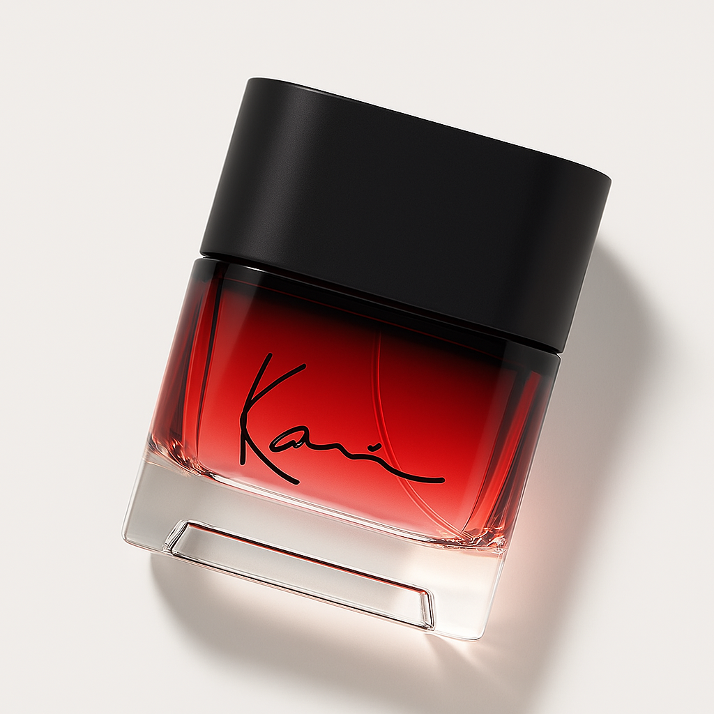 Ein leicht nach hinten gekipptes Parfümflakon von Karl Kani in klarem Glas mit rot-schwarzem Farbverlauf und schwarzem Verschluss. Die elegante Signatur „Karl“ ist auf der Vorderseite sichtbar, der Flakon wirft einen sanften Schatten auf einem neutralen, hellen Hintergrund.