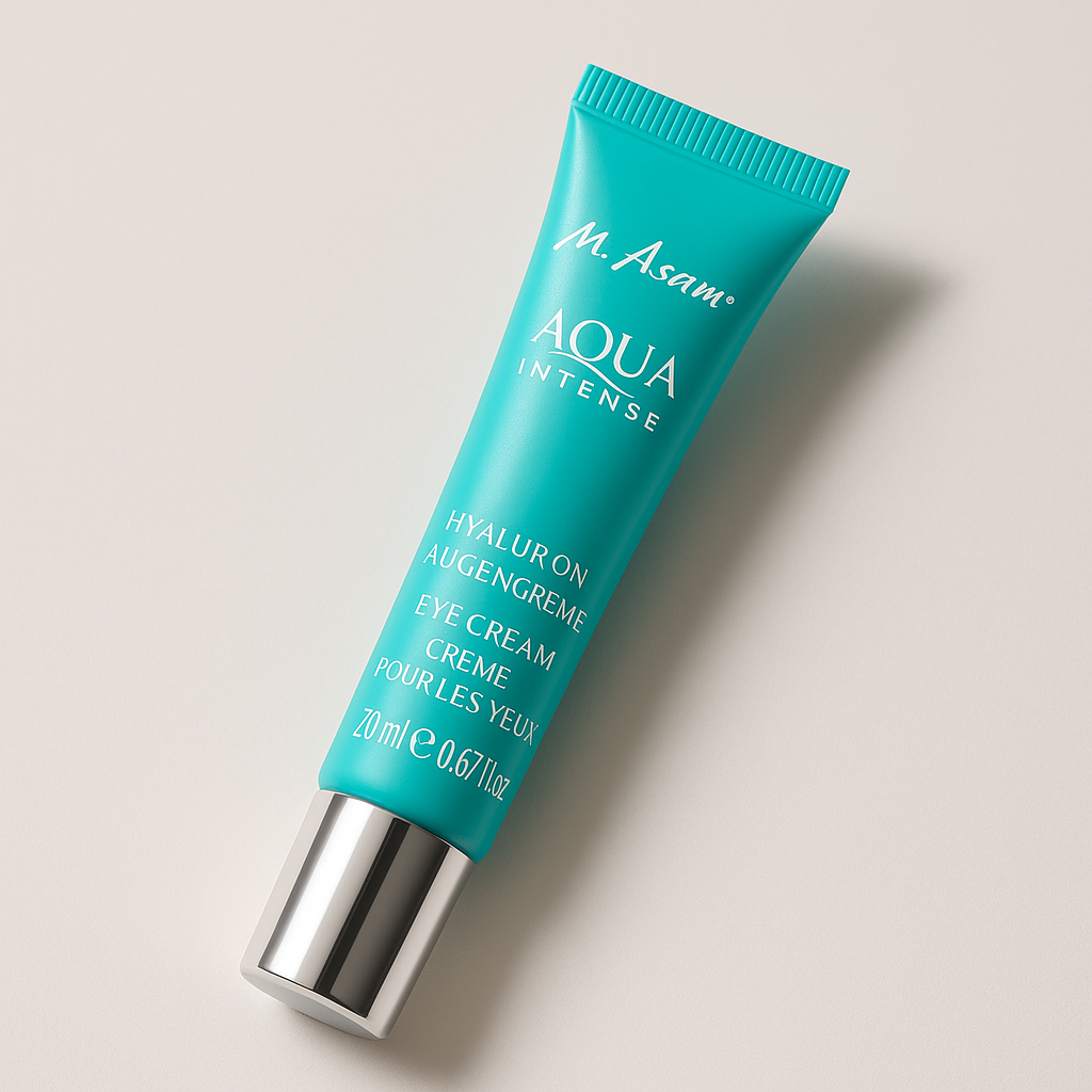 Eine türkisfarbene Tube der M. Asam AQUA INTENSE Hyaluron Augencreme liegt leicht nach rechts gekippt auf einem neutralen, hellen Hintergrund. Die weiße Aufschrift und der silberne Verschluss sind deutlich zu erkennen; ein weicher, natürlicher Schatten verläuft rechts unten.