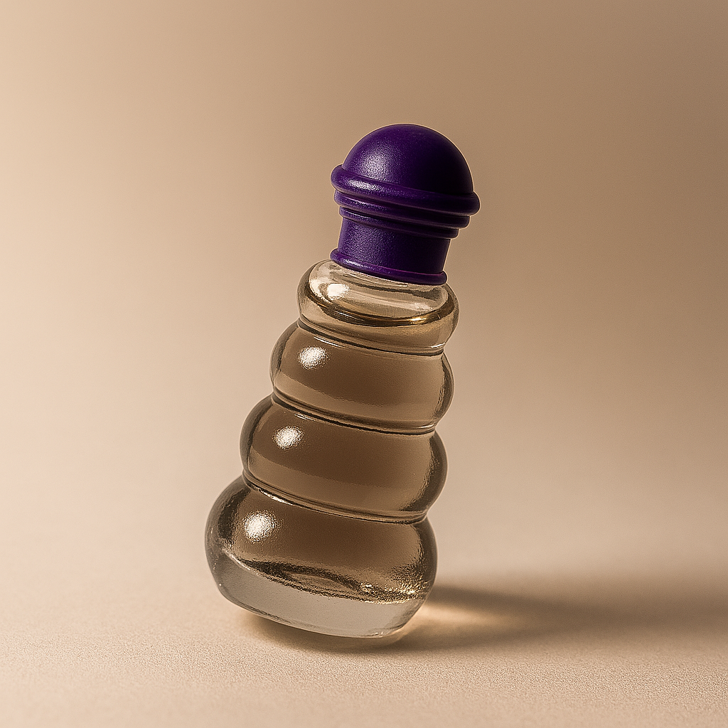 Eine elegante Miniatur-Parfumflasche mit geschwungenem, gestapeltem Design aus klarem Glas, gefüllt mit einem warm-beigen Duft, steht leicht nach hinten geneigt auf einem neutralen beigefarbenen Hintergrund. Der runde violette Deckel setzt einen kräftigen Farbakzent. Weiches Licht erzeugt sanfte Reflexionen und einen natürlichen Schatten.
